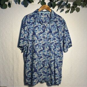 Tommy Bahama Silk Blend Camp Shirt Colorful Geometric Pattern Blue XL Colorful